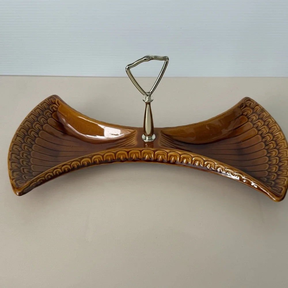 Maddux of California 1966 MCM 3 Piece Divided Serving Tray Burnt Orange Glaze